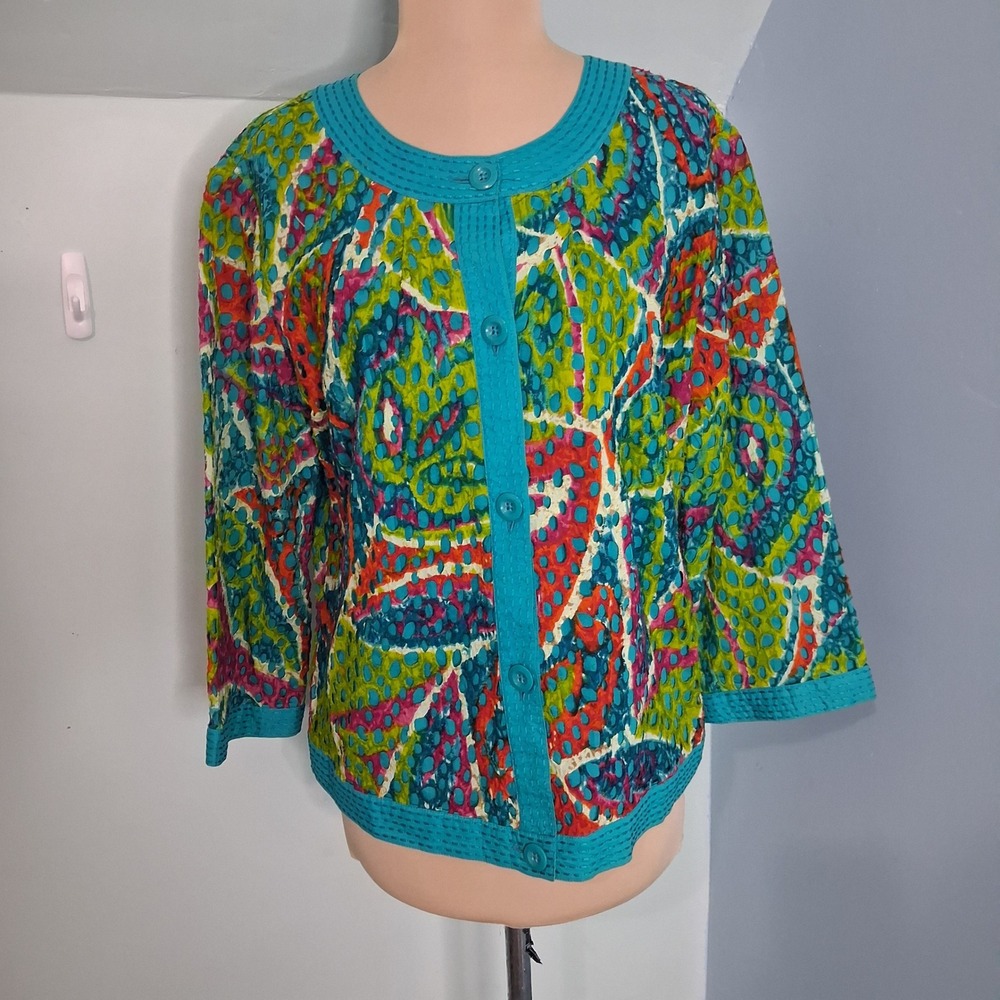 Chicos Cotton Eyelet Cardigan‎ Jacket Multi Color Abstract Button Front Size 1 M